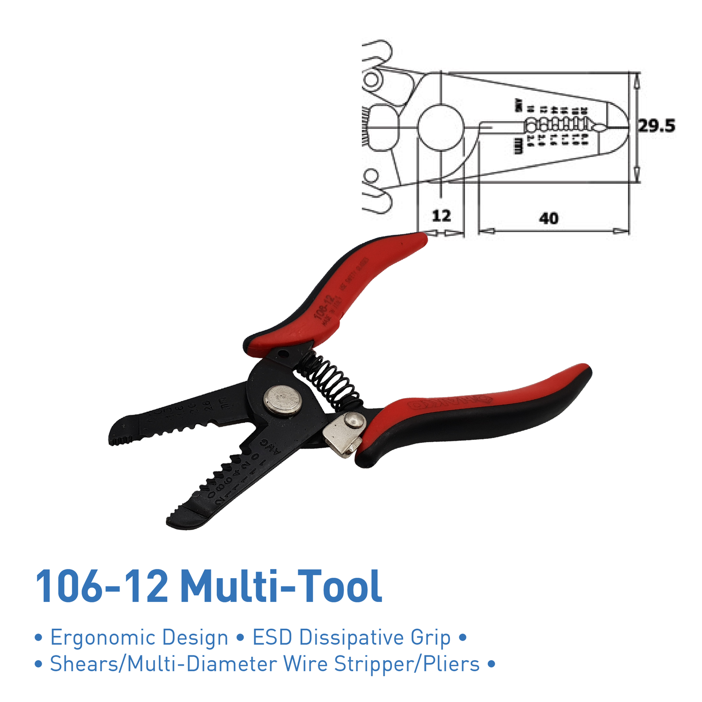HAKKO multi tool 106-12 shears, multi-diameter wire stripers, pliers. Recommended for copper and lead wires,ESD dissipative grip and ergonomic design. made in italy.