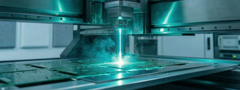 Automated high-precision laser beam performing microprocessing on a printed circuit board for advanced manufacturing applications