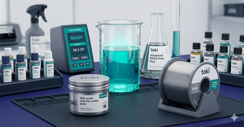 Industrial-grade solder paste, flux, and PFAS-free cleaning chemicals for electronics manufacturing, distributed by Toki Automation