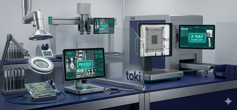 Integrated vision inspection options at Toki Automation featuring an X-Ray inspection system, BGA X ray display, a digital microscope and ergonomic magnifying lamps.
