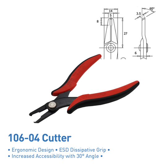 Hakko 106-04 30 degree angled wire cutter. ergonomic design, esd safe, suitable for intricate electronic work.