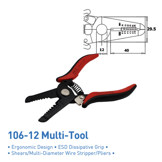 HAKKO multi tool 106-12 shears, multi-diameter wire stripers, pliers. Recommended for copper and lead wires,ESD dissipative grip and ergonomic design. made in italy.