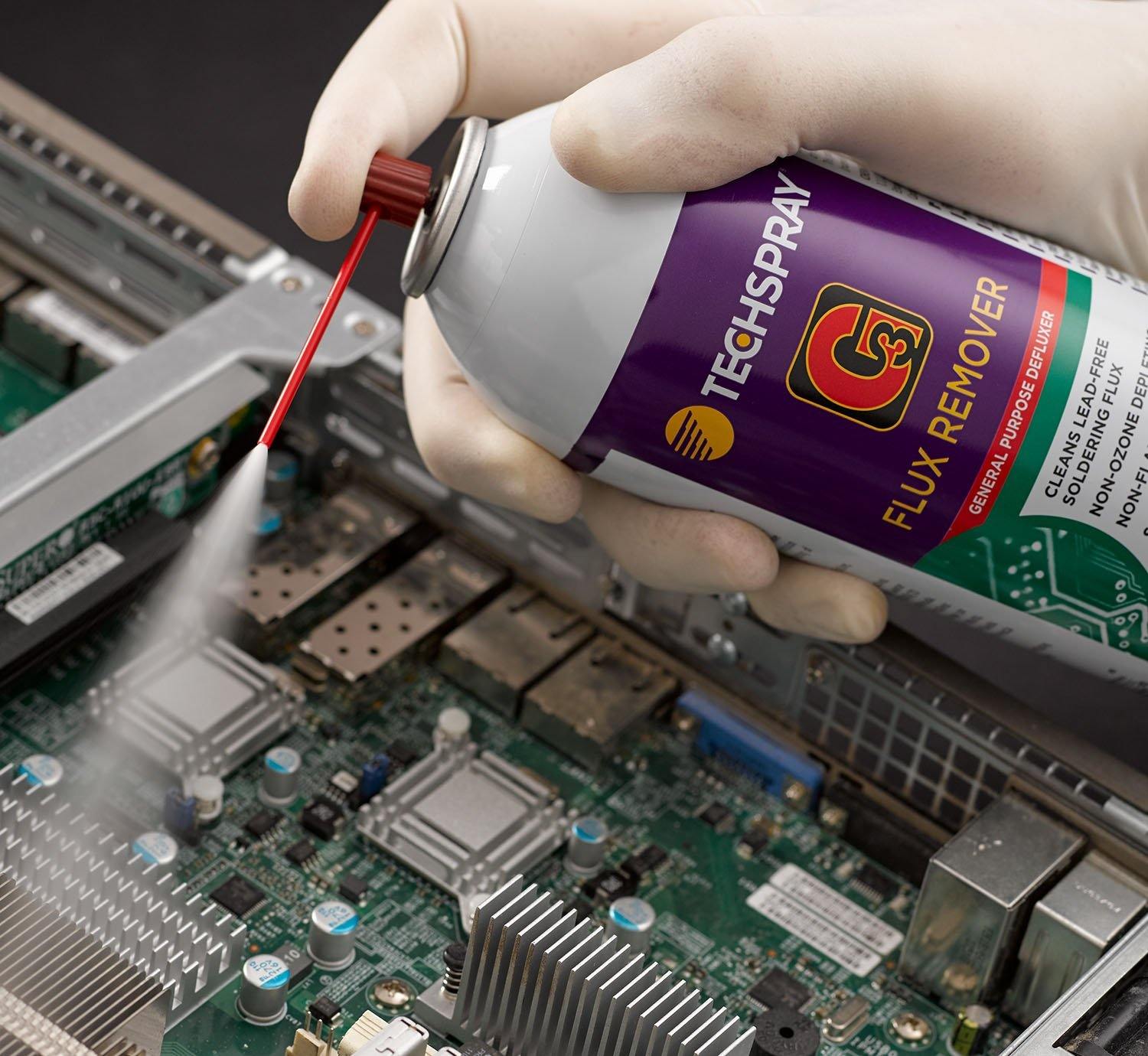Applying Techspray G3 Flux Remover using 1631-16S to remove flux residues on PCB