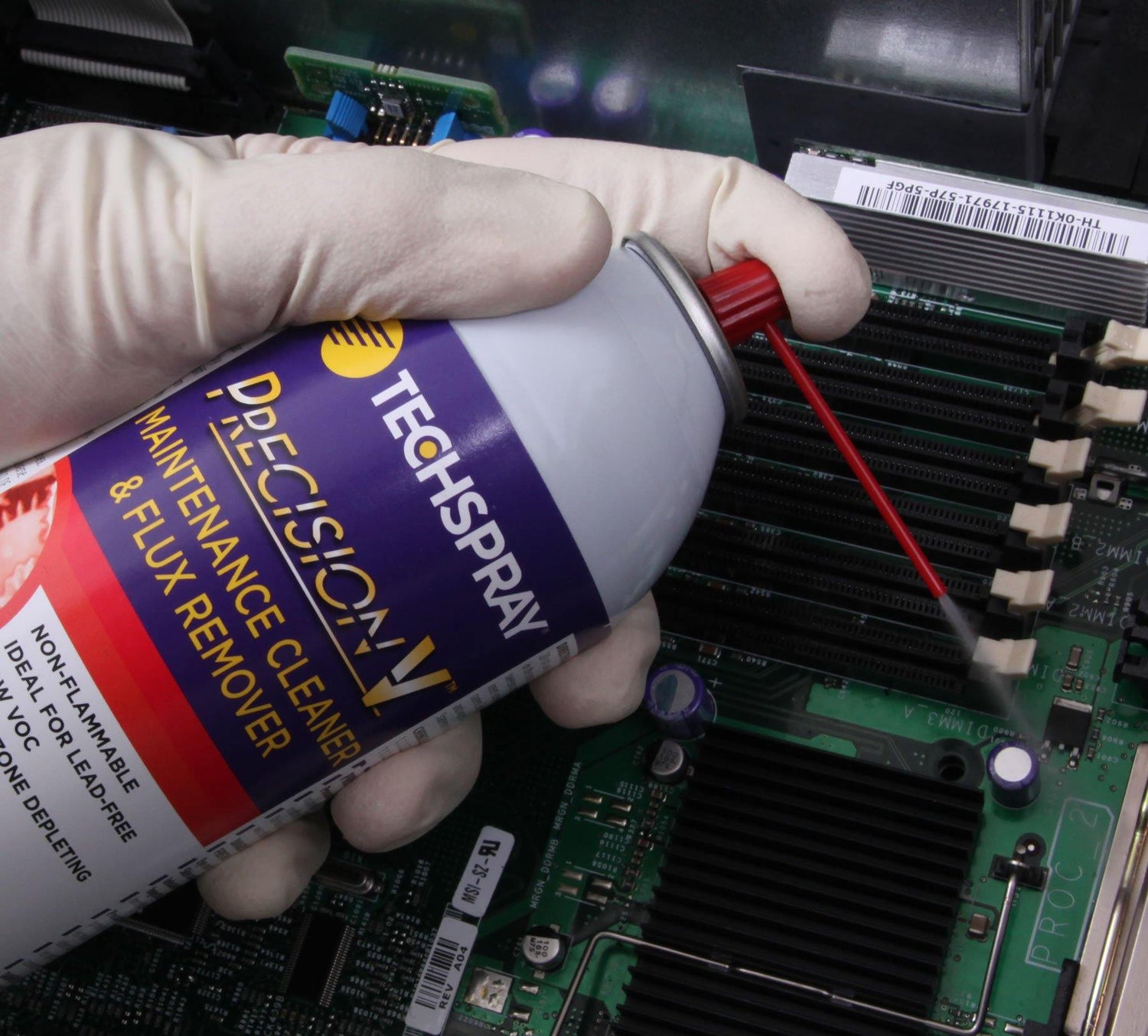 Techspray Precision-V Flux Remover cleaning and removing flux on PCB board