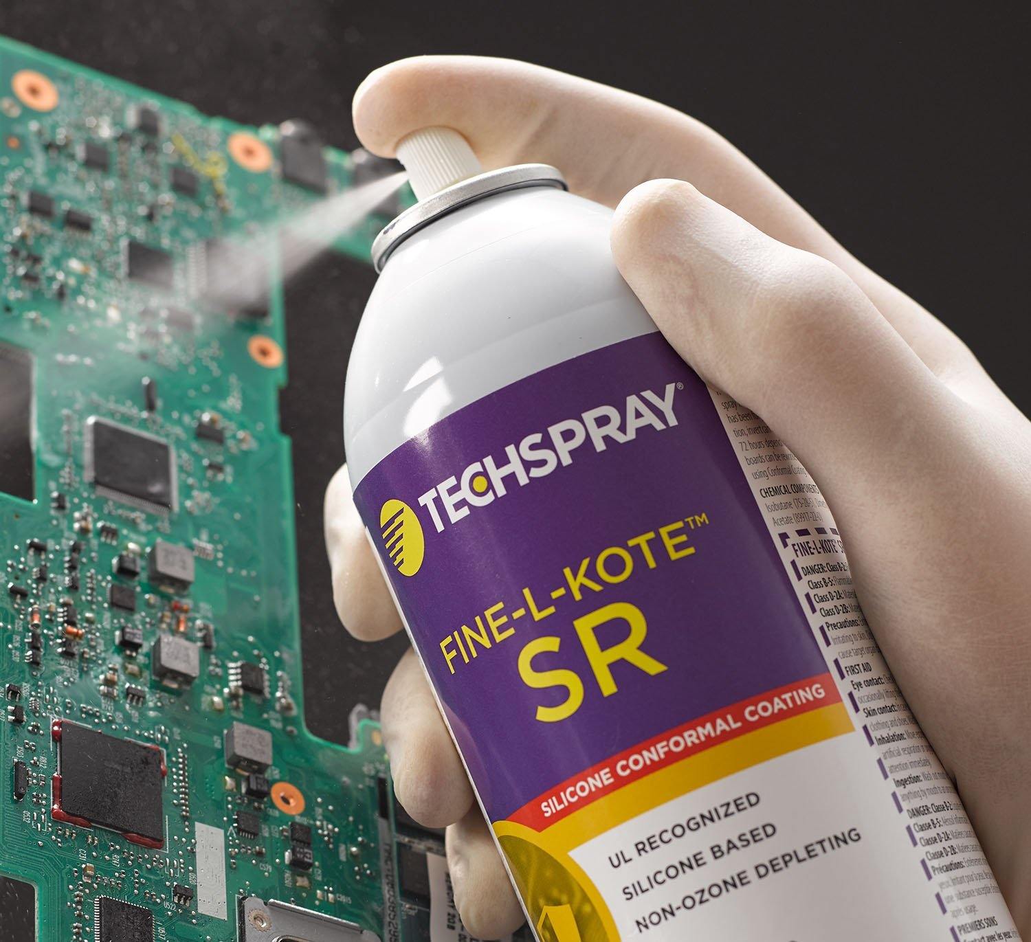 Applying Techspray Fine-L-Kote SR Conformal Coating 2102-12S 12 Oz (355ml) provides good chemical resistance, moisture and salt spray resistance, and is very flexible