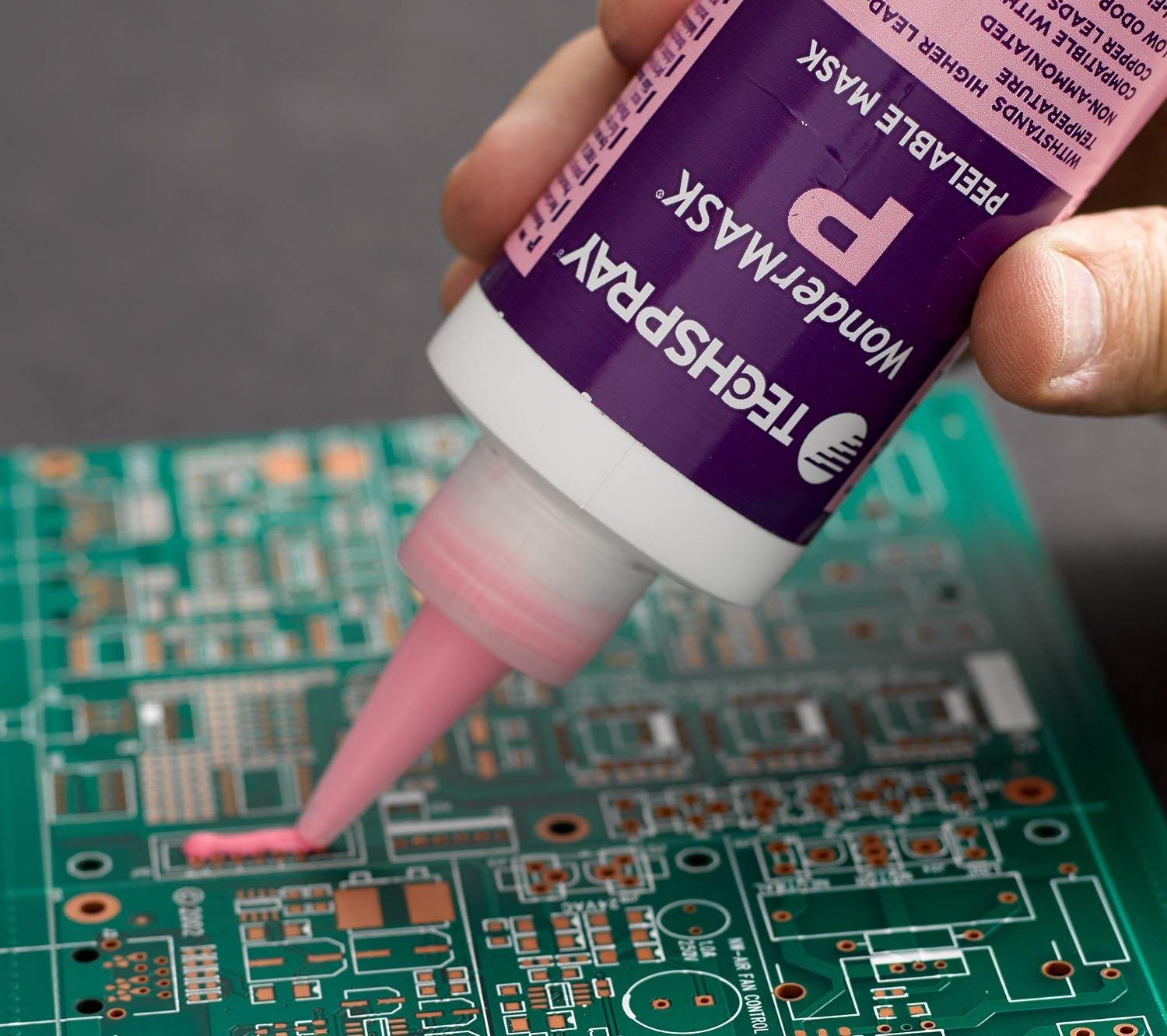 Techspray Wondermask P Peelable Solder Mask (8 Oz) in use on PCB board