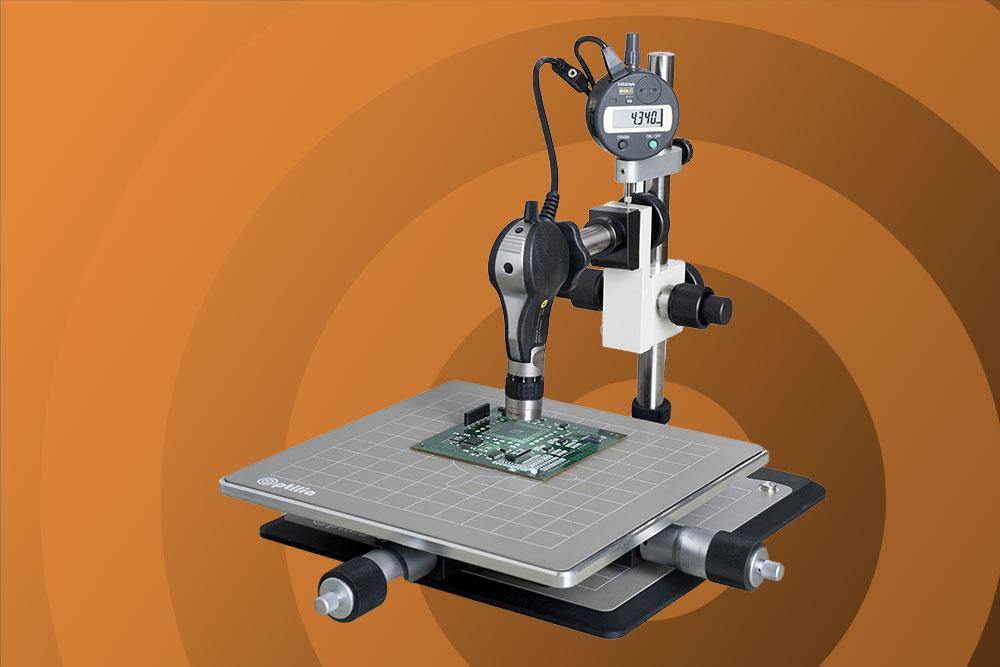 Optilia 3-axis XYZ-Measuring Inspection System BGA - Flexia Vision measurement consists of the mobile Flexia D1 ESD digital microscope, high quality optical lenses, high intensity adjustable LED illumination, robust XY translation stage, digital height gauge, digital micrometer spindle and powerful OptiPix XYZ Measurement Software