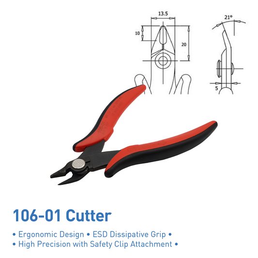 Hakko wire cutter with safety clip 106-01 suitable for copper and lead wire. Ergonomic design, ESD safe.