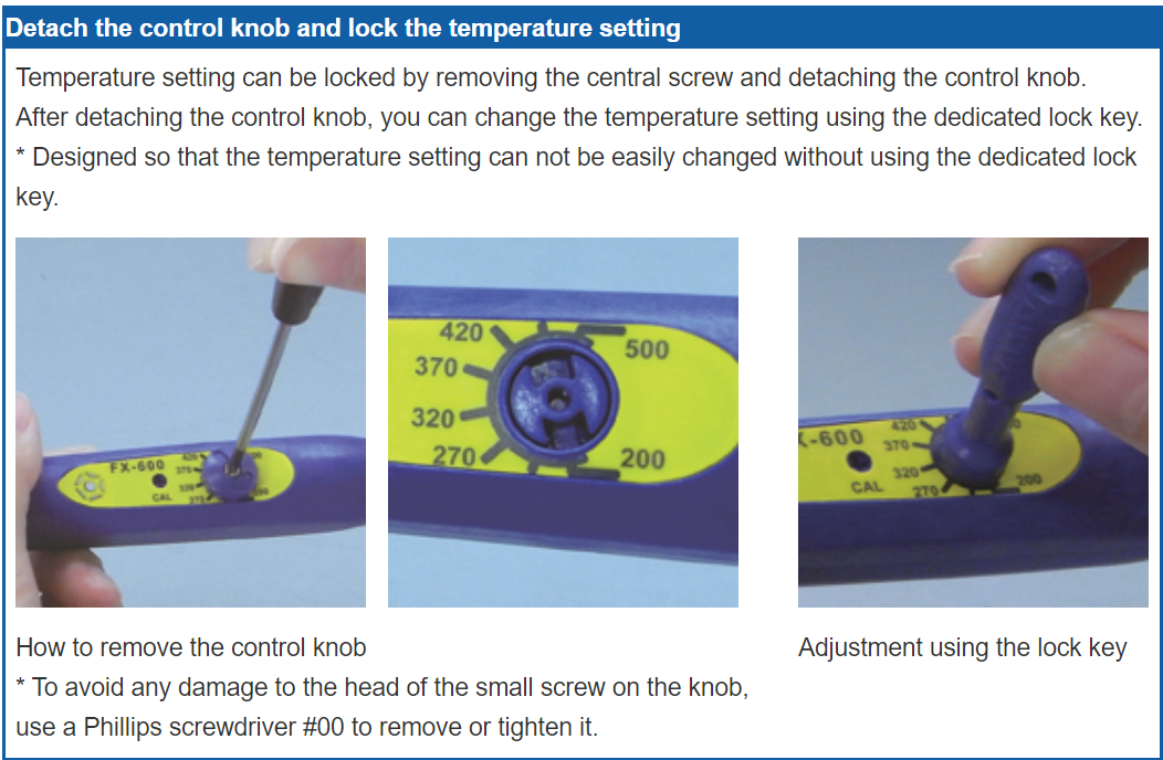 HAKKO FX600 temperature adjustable soldering iron comes with detachable control knob to control and lock temperature settings.