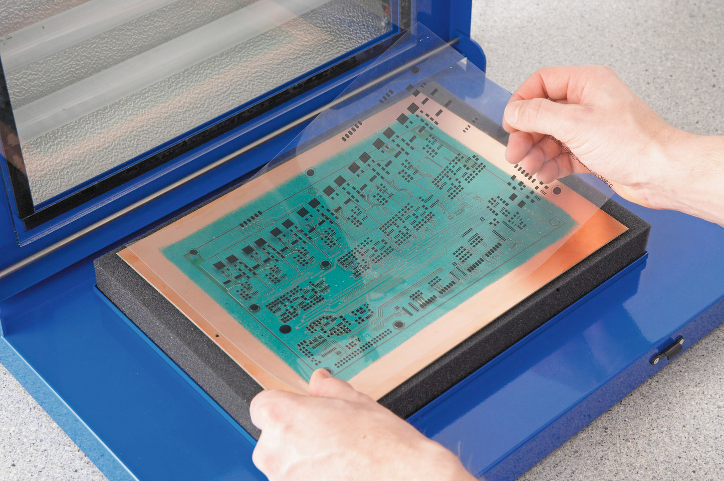 LPKF ProMask - professional solder resist mask can be quickly and effectively applied to already structured circuit boards. High adhesive solder resist mask is printed from the CAD program onto a transparent foil, transferred to the printed circuit board and developed.