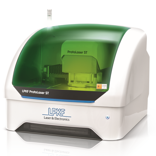 Tabletop Laser System LPKF ProtoLaser ST. The laboratory system for processing FR4 as well as sensitive RF materials convinces with high performance. In its compact tabletop format, it can be used in any laboratory.