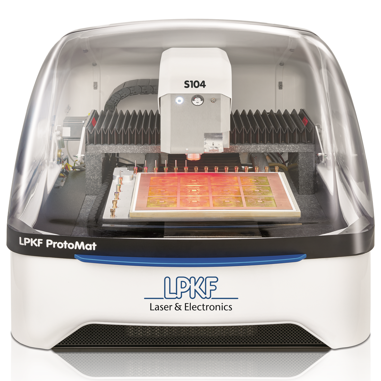 LPKF Protomat S104 PCB Prototyping Machine front view - Sensor-controlled, material and copper thickness are measured automatically to enable exact calculation of required milling depth