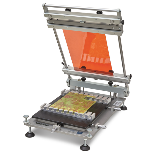 LPKF ProtoPrint S4 SMT stencil printer for fine-pitch SMD prototyping. Manual SMD fine-pitch stencil printer for precise application of solder paste to circuit boards.