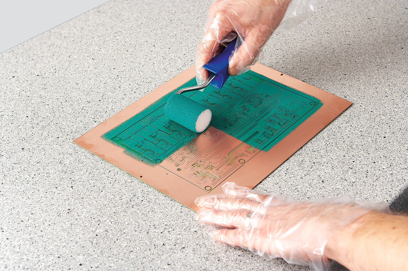 LPKF ProMask - professional solder resist mask can be quickly and effectively applied to already structured circuit boards. High adhesive solder resist mask is printed from the CAD program onto a transparent foil, transferred to the printed circuit board and developed.