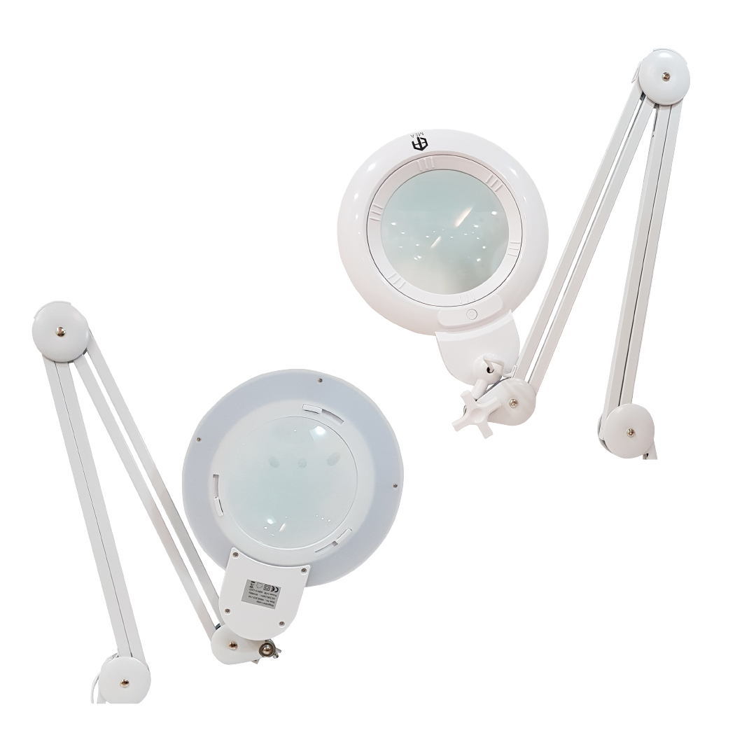 Clamp-on magnifying lamp for reading, soldering and sewing
