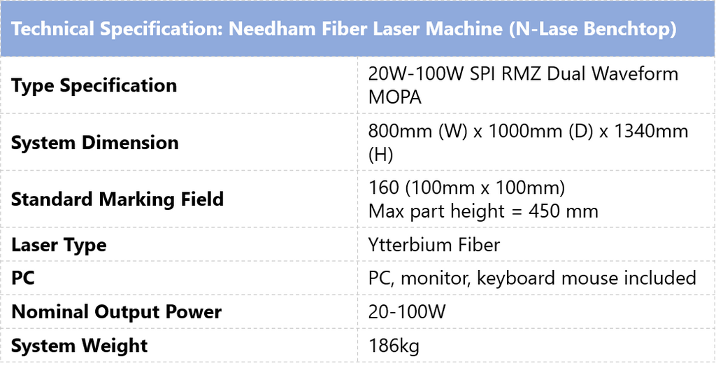 Needham Fiber Laser Machine (N-Lase Benchtop) detail technical specification - full spec card