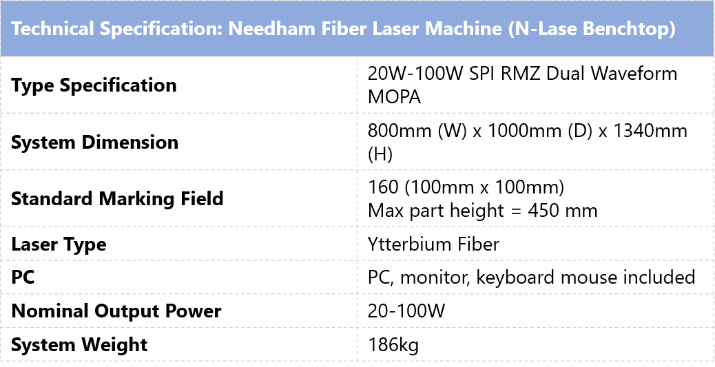 Needham Fiber Laser Machine (N-Lase Benchtop) detail technical specification - full spec card