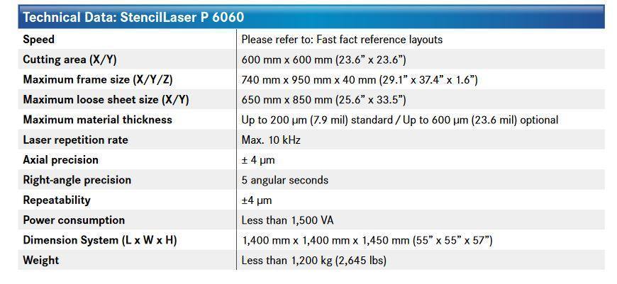 LPKF StencilLaser P 6060 full specifications - spec card